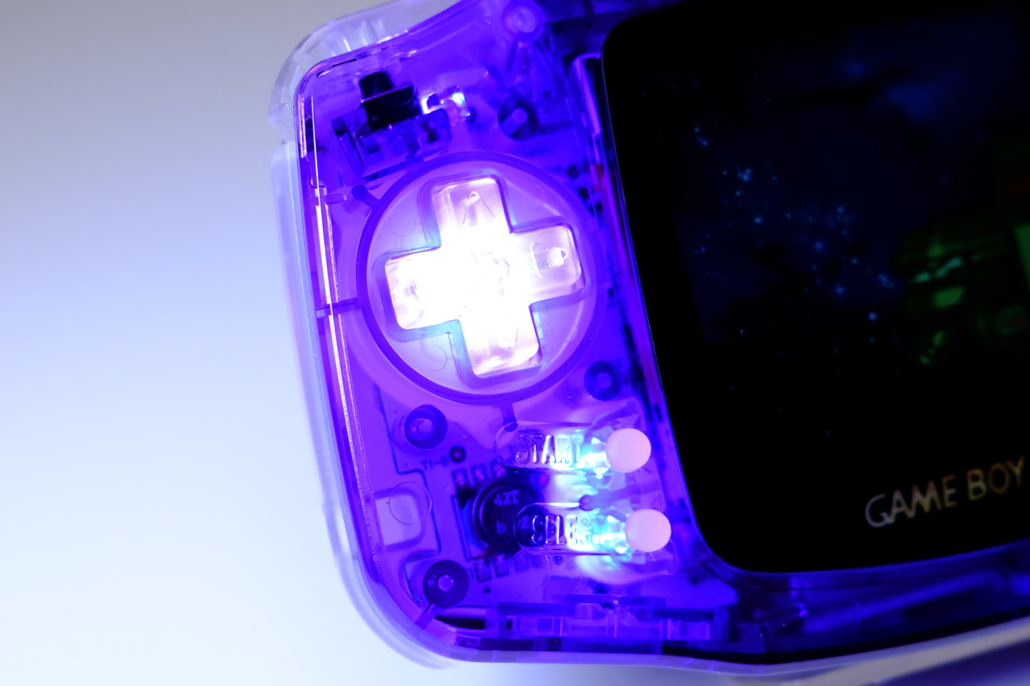 Clear Purple Gameboy Advance GBA | IPS V5 Laminated Screen | Purple LED Buttons | USB-C Rechargeable Battery