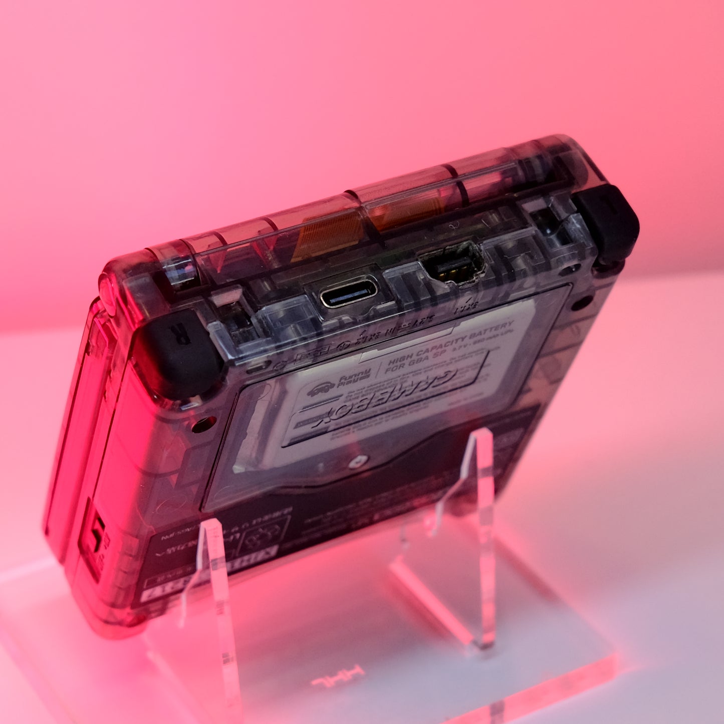 Black Crystal Clear Gameboy Advance GBA SP | IPS M2 Laminated Screen | USB-C Charging Port | New Battery | New Speaker