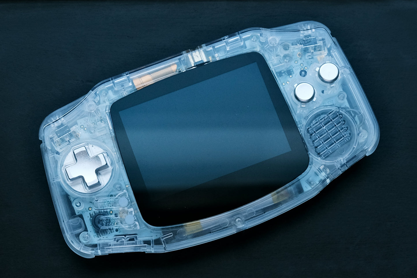 Crystal Clear Modded Game Boy Advance GBA with IPS V5 Screen, Aluminum Buttons, and USB-C Battery