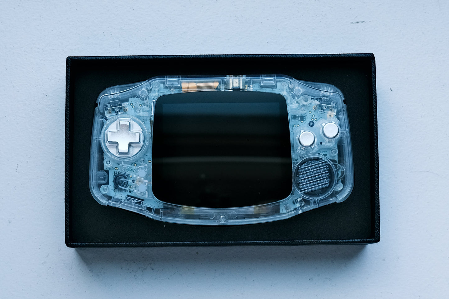 Crystal Clear Modded Game Boy Advance GBA with IPS V5 Screen, Aluminum Buttons, and USB-C Battery