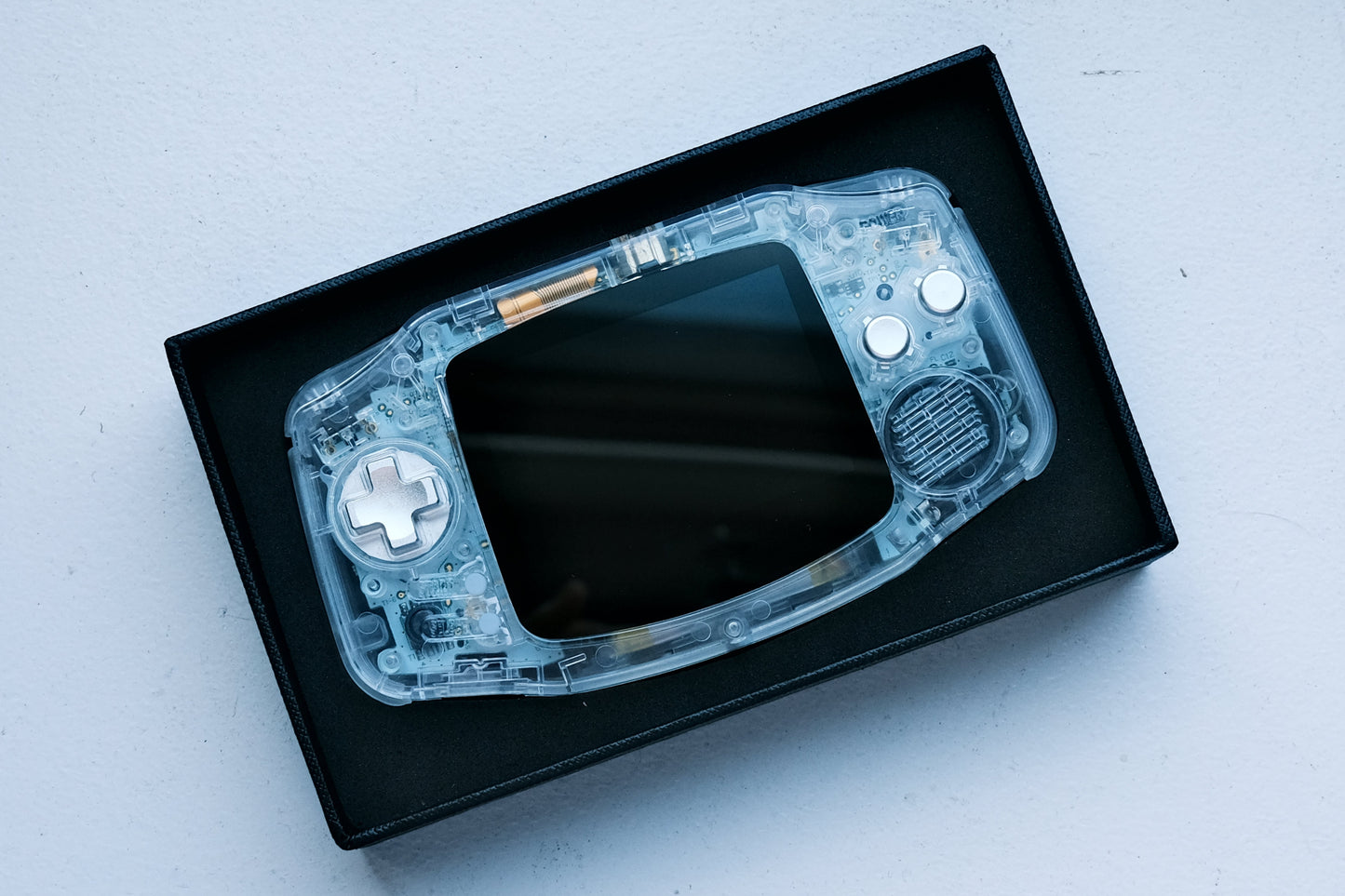 Crystal Clear Modded Game Boy Advance GBA with IPS V5 Screen, Aluminum Buttons, and USB-C Battery
