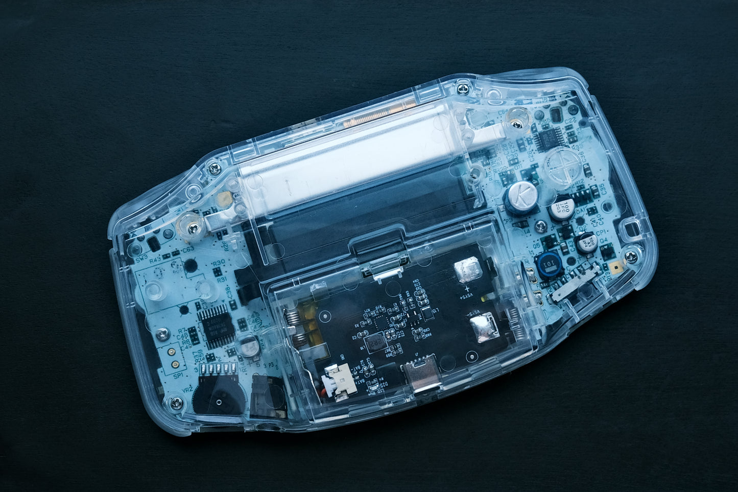 Crystal Clear Modded Game Boy Advance GBA with IPS V5 Screen, Aluminum Buttons, and USB-C Battery