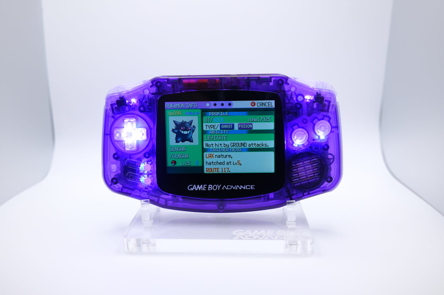 Purple Crystal Clear Gameboy Advance GBA with IPS laminated LCD screen V5