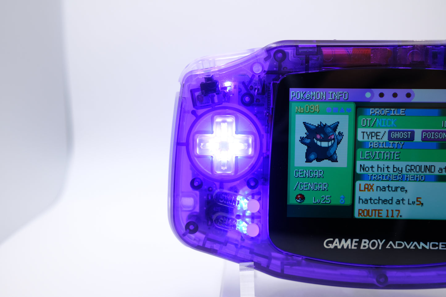 Purple Crystal Clear Gameboy Advance GBA with IPS laminated LCD screen V5