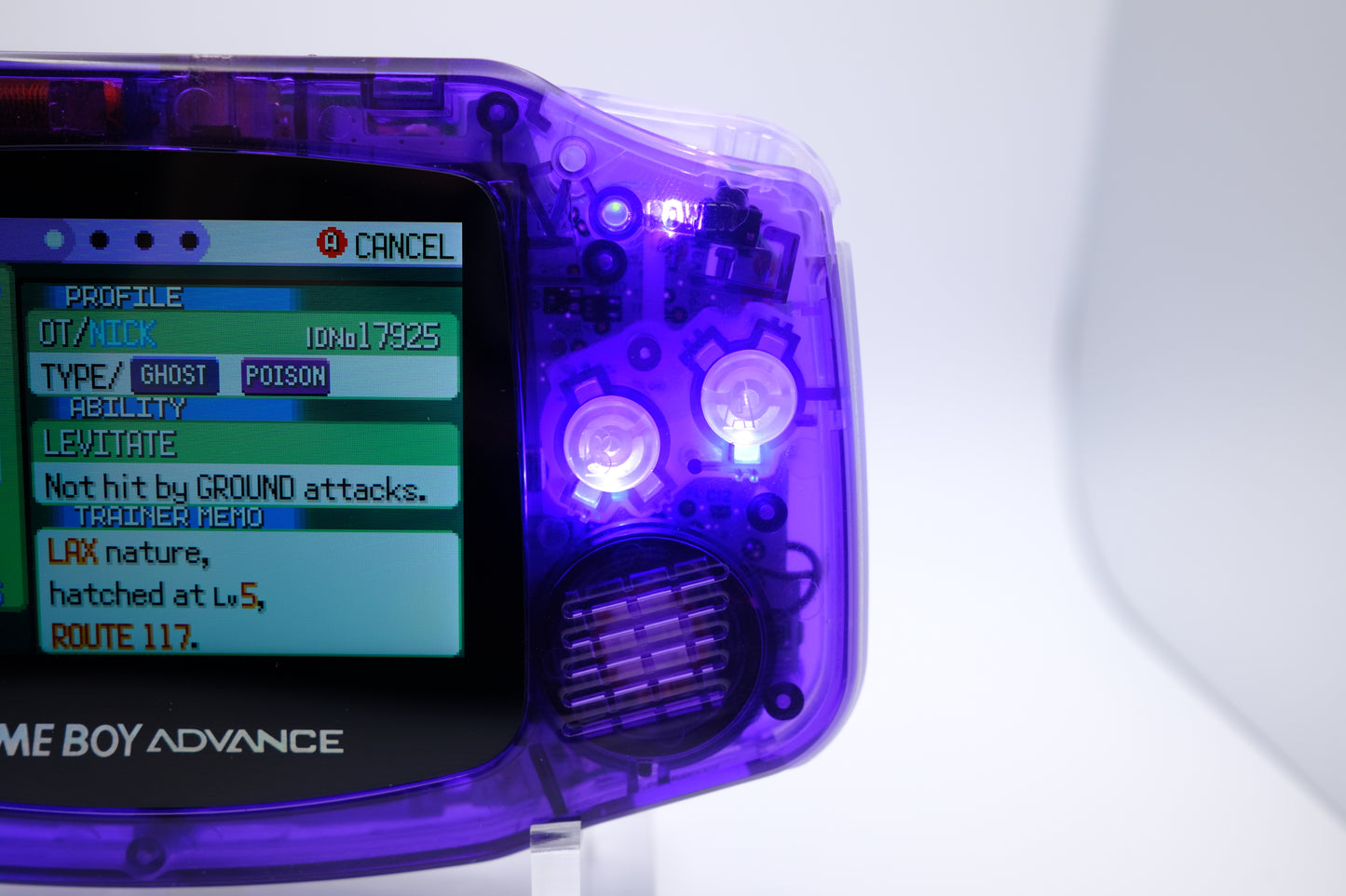 Purple Crystal Clear Gameboy Advance GBA with IPS laminated LCD screen V5